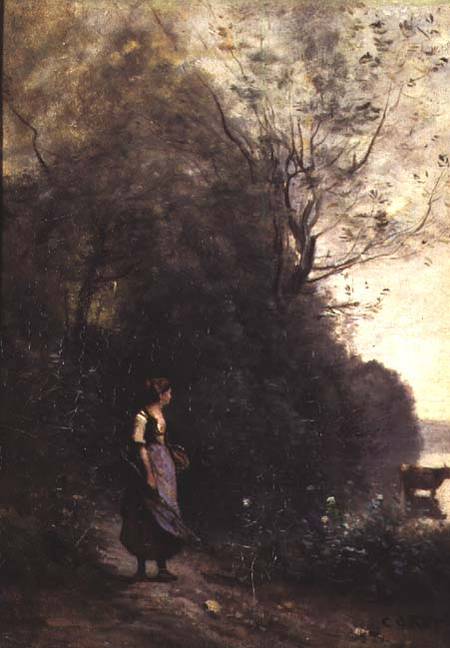 A Peasant Woman Grazing a Cow at the Edge of a Forest from Jean-Baptiste-Camille Corot