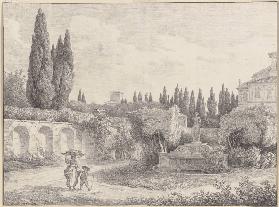 Römische Villa mit einem Brunnen, links eine Frau mit einem Korb auf dem Kopf und einem Knaben