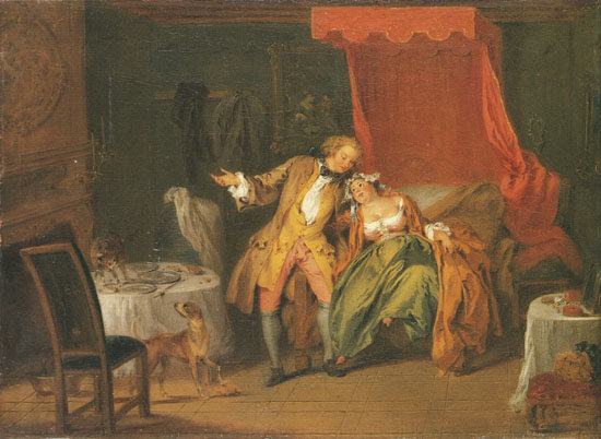 Madame Bouvillon asks Destin to search for a flea to tempt him from Jean-Baptiste Joseph Pater