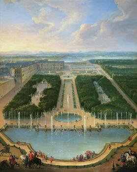 Perspective view of the chateau of Versailles seen from the Neptune Fountain