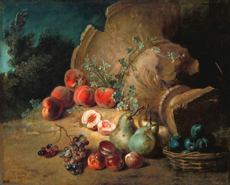 Obststillleben next to a stoneware vase brought down from Jean Baptiste Oudry