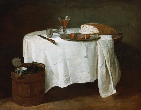 Bread, sausage and two wine-glasses on a round table. from Jean-Baptiste Siméon Chardin