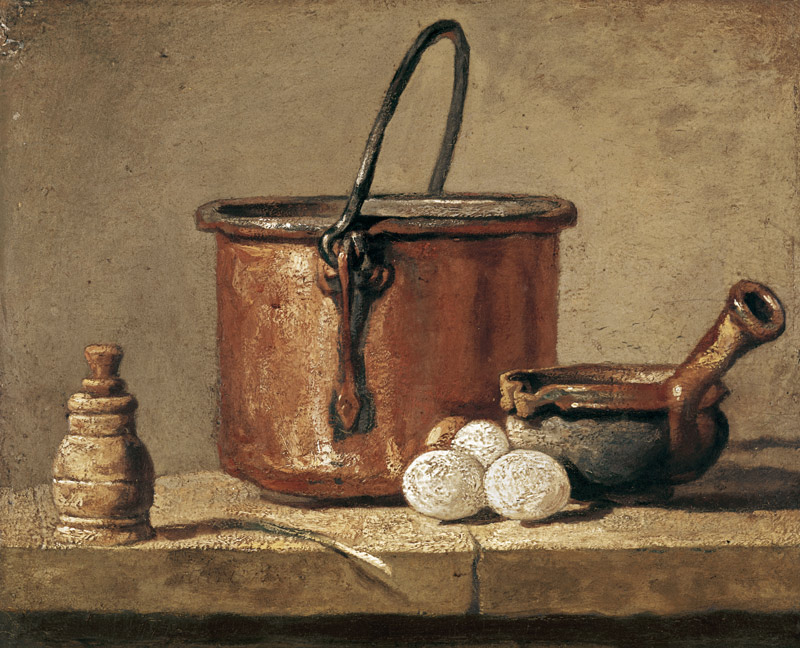Still life with a pan, pepper pot, leek and three eggs from Jean-Baptiste Siméon Chardin