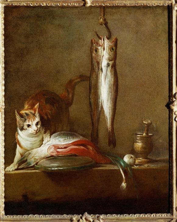 Chat avec tranche de saumon, deux maquereaux, mortier et pi from Jean-Baptiste Siméon Chardin