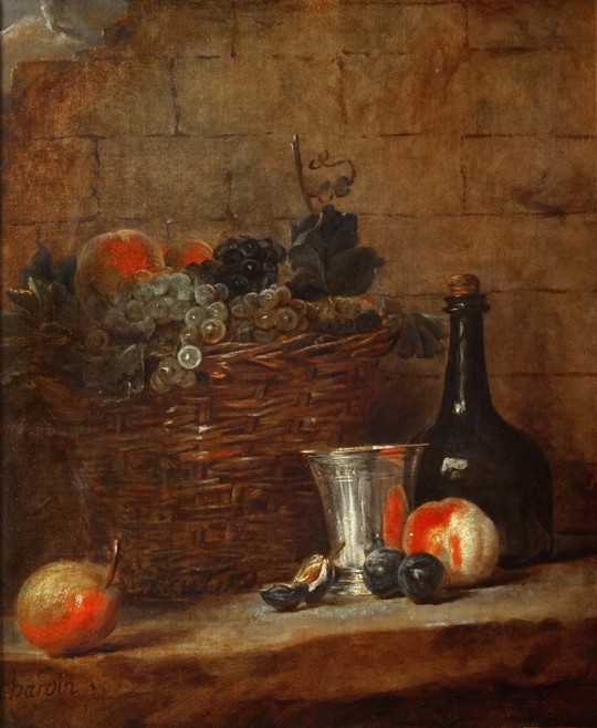 Fruit Basket with Grapes, a Silver Goblet and a Bottle, Peaches, Plums, and a Pear from Jean-Baptiste Siméon Chardin