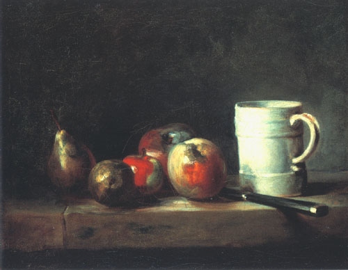 Still life with a cup, pear, four apples and a knife from Jean-Baptiste Siméon Chardin
