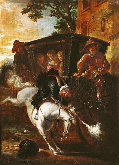 With a Musket on his Back, Ragotin Climbs onto his Horse to Accompany the Troupe, from ''Roman Comiq from Jean de Coulom
