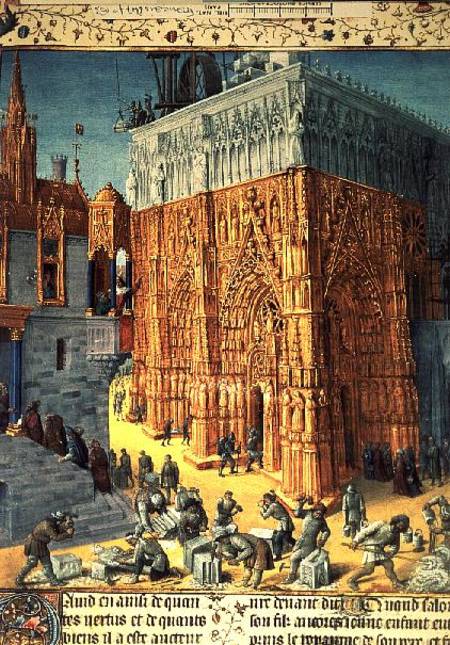 Building of the Temple of Jerusalem from an illuminated French translation of the original manuscrip from Jean Fouquet