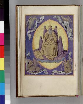 God the Father with symbols of the four Evangelists in the corners. (Book of Hours)
