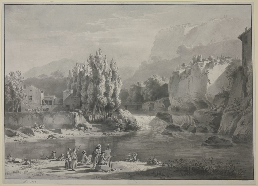 Flußlandschaft mit hohen Bergen, im Vordergrund zwei Maler mit Zuschauern from Jean Jacques de Boissieu
