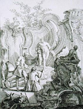 Craftsmen working on designs, from 'Rococo Ornament', engraved by Antoine Aveline (1691-1743)
