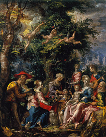 Country people bring the sacred family a basket with fruit. from Joachim Antonisz Wtewael