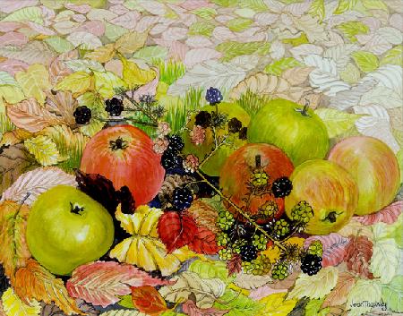 Apples and Blackberries on Autumn Leaves