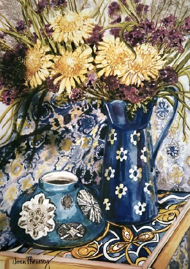 Blue against Blue - Chrysanthemums and Blue Enamel Jug on an Italian Tile