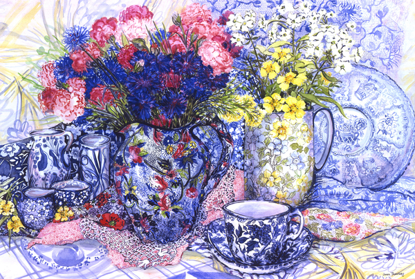 Cornflowers with Antique Jugs and Patterned Fabrics from Joan  Thewsey