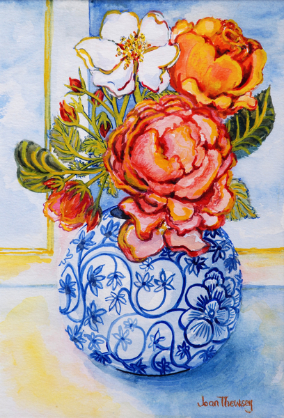 Cottage Roses, Round Blue and White Vase from Joan  Thewsey