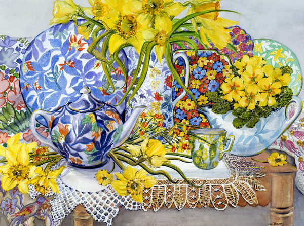 Daffodils, Antique Jugs, Plates, Textiles and Lace from Joan  Thewsey