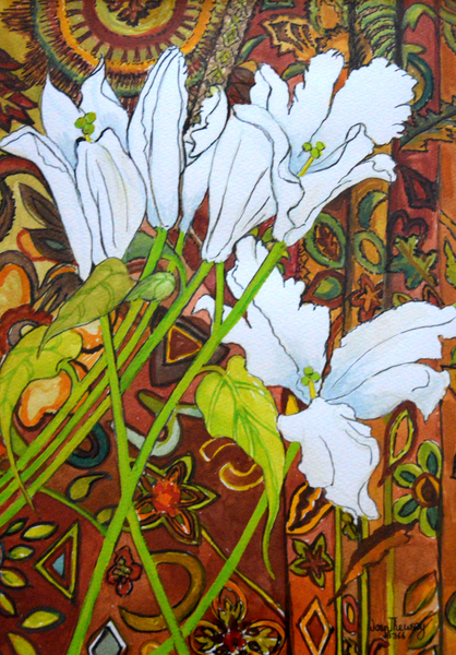 Lilies against a Patterned Fabric from Joan  Thewsey