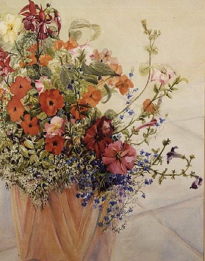Petunias, Lobelias, Busy Lizzies and Fuschia in a Terracotta Pot (w/c)  from Joan  Thewsey
