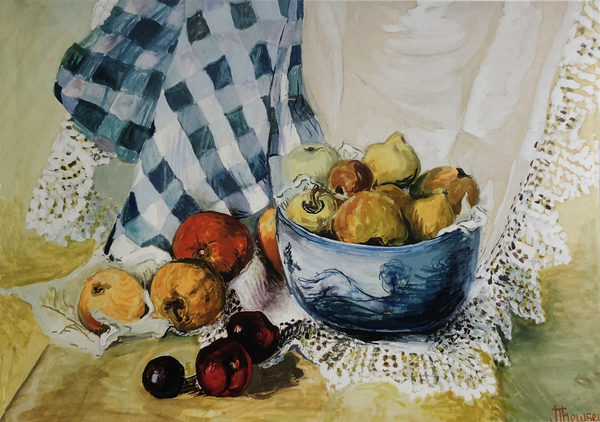 Still life with a Blue Bowl, Apples, Pears, Textiles and Lace from Joan  Thewsey