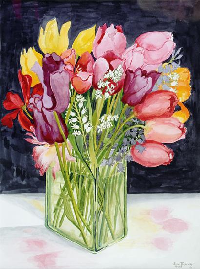 Tulips and Bluebells in a Rectangular Glass Tub