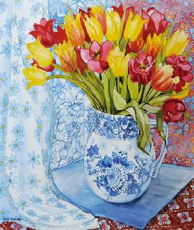 Red and yellow tulips in a Copeland jug