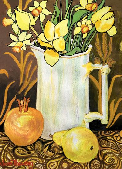 Tulips and Daffodils in a White Jug, with textiles, pomegranate and pear