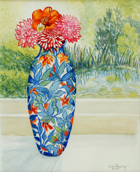 Vase with Dahlias and View of the Pond from Joan  Thewsey
