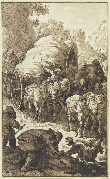 Ein hochbepackter, von vier Pferden gezogener Wagen kommt einen Gebirgsweg herab from Johann Albrecht Dietzsch