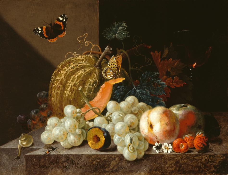 Früchtestillleben mit Weinglas und  Insekten from Johann Amandus Winck