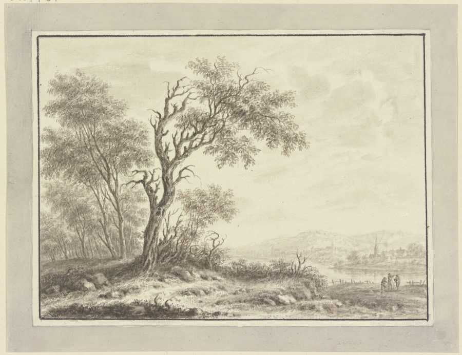 Baumgruppe an einem Flußufer, im Hintergrund ein Dorf from Johann Caspar Zehender