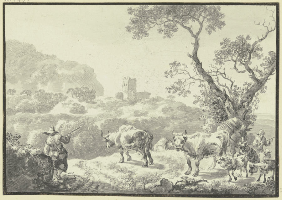 Landschaft mit einer Burgruine, zwei Hirten führen ihre Viehherde von rechts herbei from Johann Christian Klengel