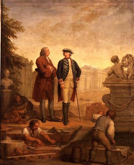 King Frederick II of Prussia (1712-86) and the Marquis of Argens (1704-1771) inspecting the construc from Johann Christoph Frisch