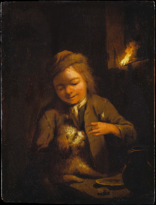 Boy Teasing a Dog: Nightscene Lit by Pinewood Torch from Johann Conrad Seekatz