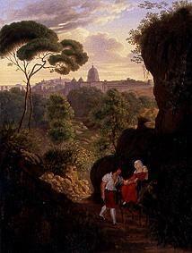 Wandering couple on the Monte Mario with a view of Rome and St. Peter