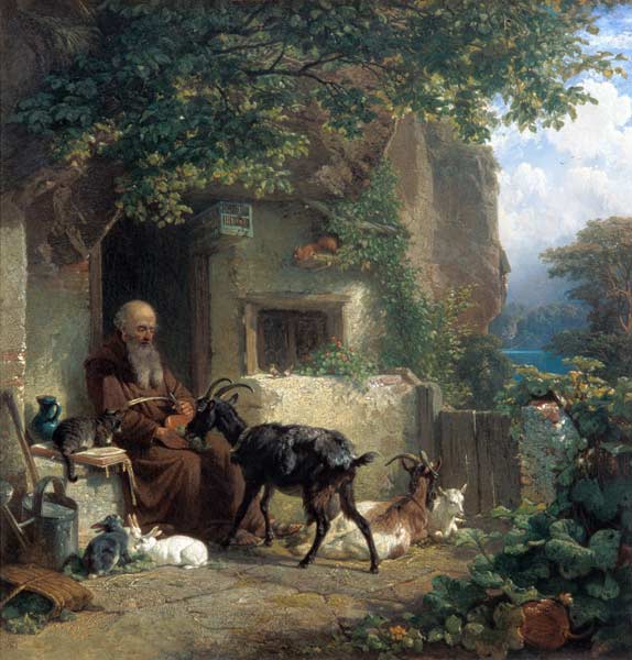 An Eremit in front of his hermitage, a goat feeding. from Johann Friedrich Voltz