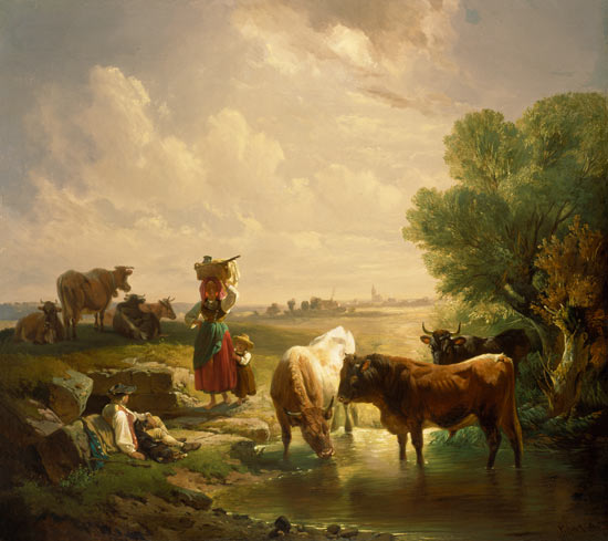 Shepherd family with cows at the watering-place from Johann Friedrich Voltz