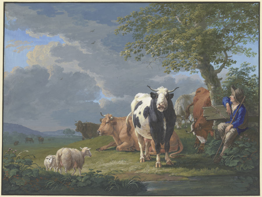 Hirte unter einem Baum mit seiner Rinderherde und zwei Schafen from Johann Georg Pforr