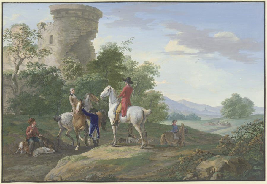 Jäger mit Pferden und Jagdhunden machen bei einer Ruine halt from Johann Georg Pforr