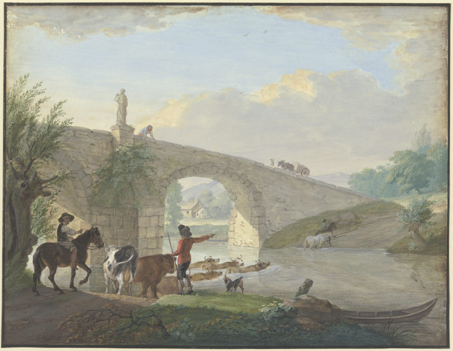 Viehherde mit zwei Hirten, bei einer Steinbrücke durch das Wasser schwimmend from Johann Georg Pforr
