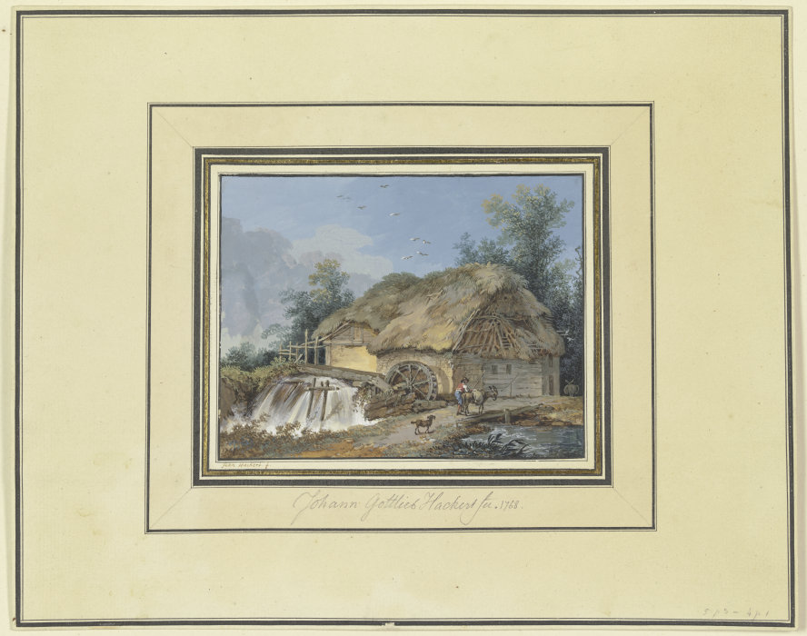 Strohgedeckte Wassermühle, zu der ein Bauer mit Esel und Hund kommt from Johann Gottlieb Hackert