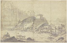 Herde von Ziegen, Schafen, Kühen und Pferden in einer italienischen Berglandschaft mit Ruinen
