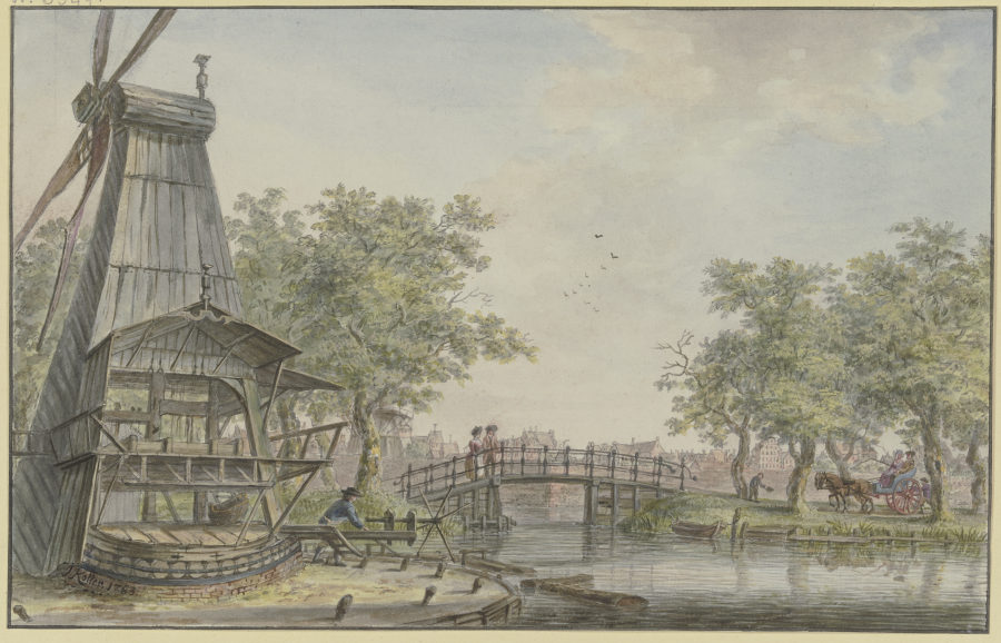 Holländische Landschaft an einem Kanal, über den eine Brücke führt from Johann Jakob Koller