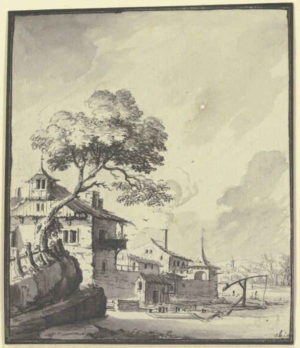 Building at a river from Johann Ludwig Aberli