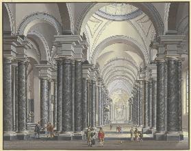 Blick in das Innere einer Barockkirche mit schwarzen Marmorsäulen und Staffagefiguren in der Tracht 