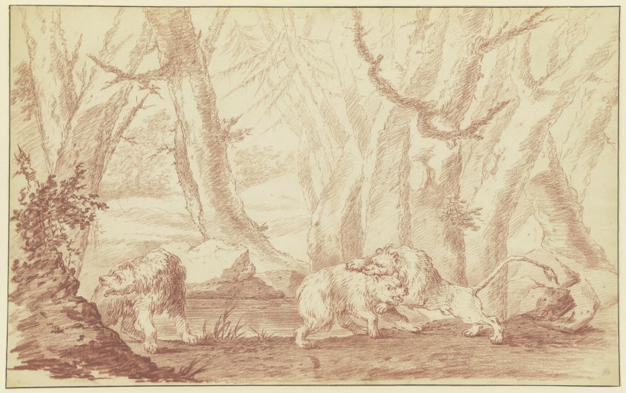 Zwei Bären, der eine von einem Löwen angegriffen from Johann Ludwig von Pfeiff