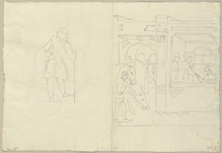 Links: Mann mit Gehstock von hinten; rechts: Skizze der Szene S. Katharina im Gefägnis bei der zehnt from Johann Ramboux
