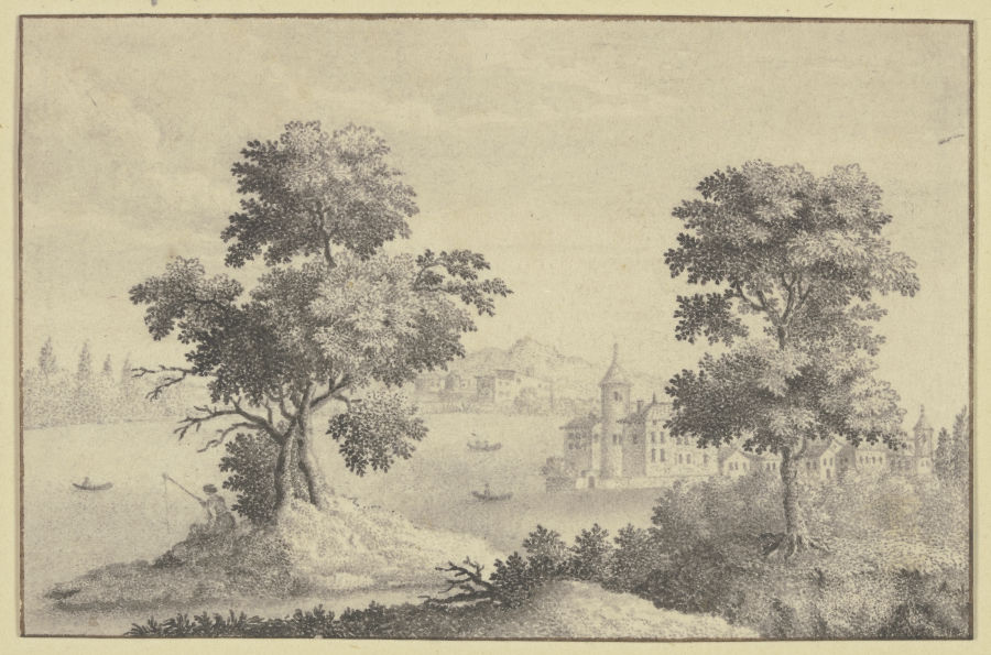 Zwei hohe Bäume mit Durchblick auf ein Wasserschloß und ferne Berge from Johann Rudolf Studer