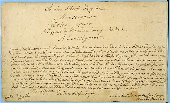 Handwritten dedication of ''Brandenburger Concertos'' to Christian Ludwig, Margrave of Brandenburg 2 from Johann Sebastian Bach