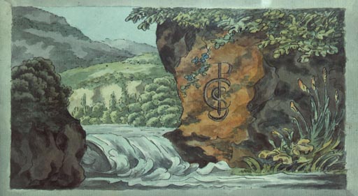 Berglandschaft mit Stromschnelle und Initialen der Empfaengerin des Stammbuches from Johann Wolfgang von Goethe